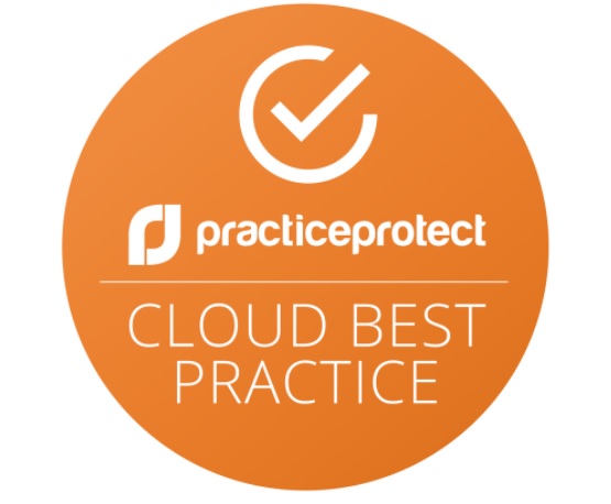 alt=", Practice Protect Logo featuring orange circle with text reading Cloud Best Practice”