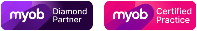 alt=", MYOB Logos featuring two rectangles, one purple logo containing text reading MYOB Diamond Partner and One Pink and Purple rectangle containing text reading MYOB Certified Practice”