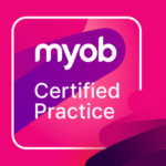 alt=", MYOB Logo with pink and purple backbround containing text reading MYOB Certified Practice”