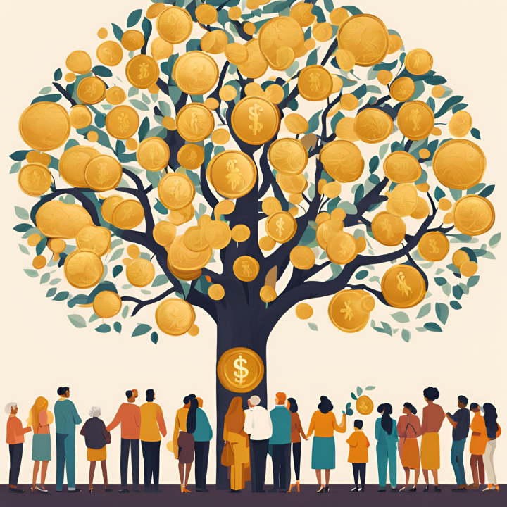 "Illustration of a large tree with branches full of oversized golden coins, symbolizing financial growth and prosperity. The coins feature various currency symbols, like dollar signs. A diverse group of people of different ages, genders, and ethnicities surrounds the tree, some holding hands or pointing towards the coins, representing a shared sense of community and common financial goals. The warm, soft color palette conveys a sense of security and optimism, making it suitable for themes of superannuation or financial planning."